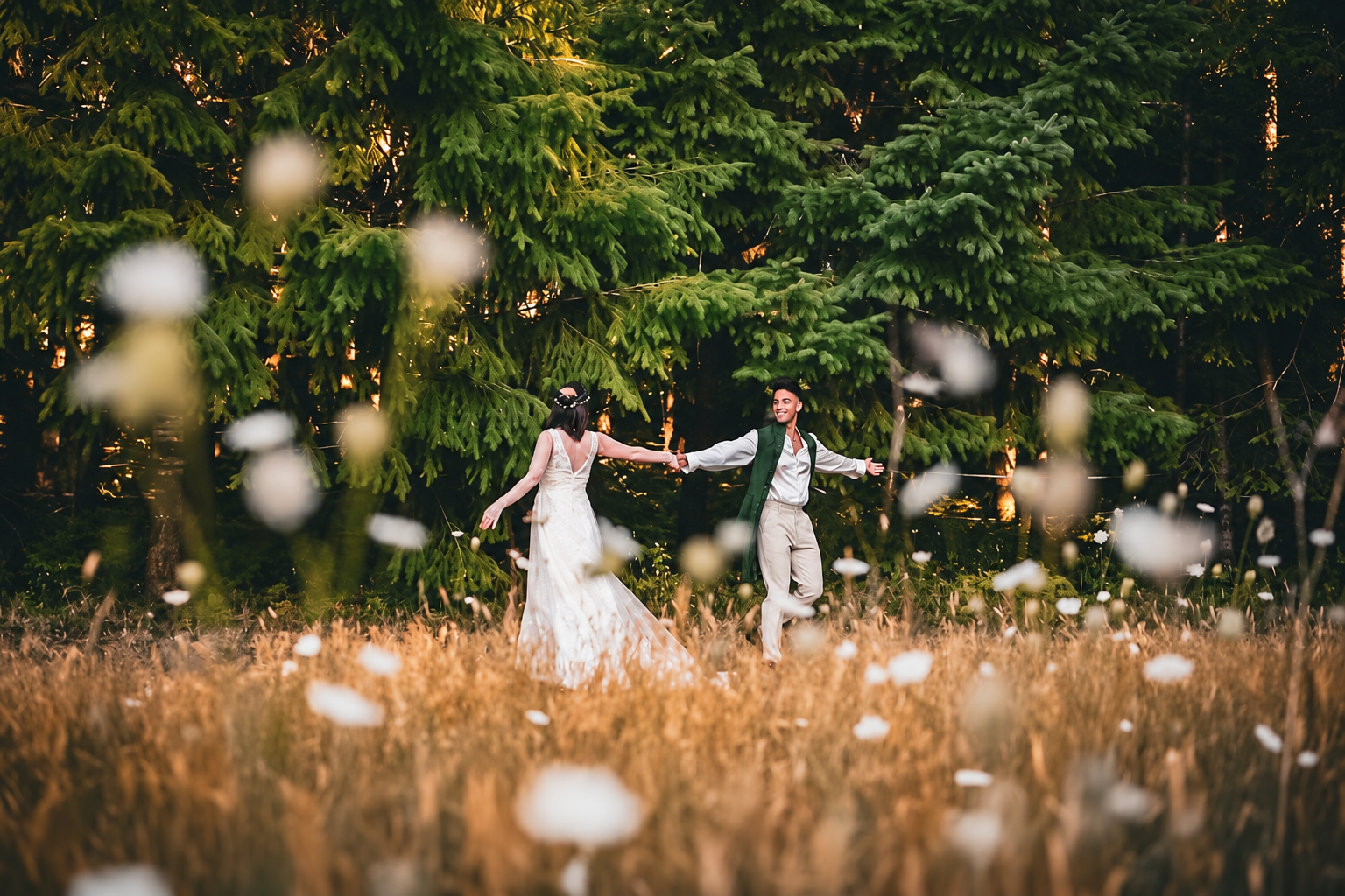 A wedding couple holding hands in a meadow beneath evergreen trees